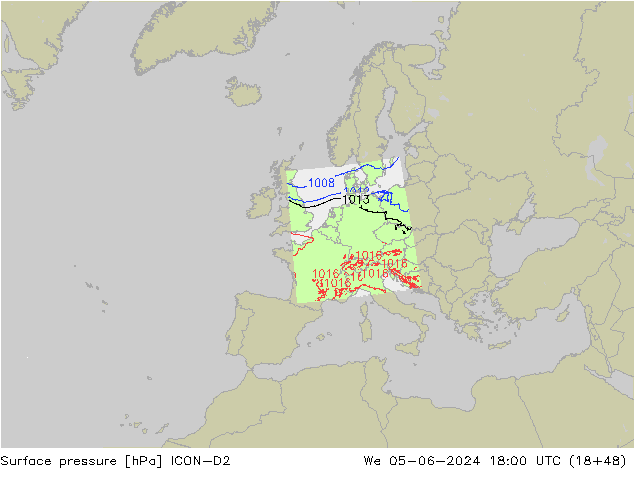 Surface pressure ICON-D2 We 05.06.2024 18 UTC