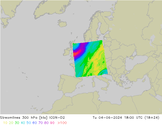 Streamlines 300 hPa ICON-D2 Tu 04.06.2024 18 UTC