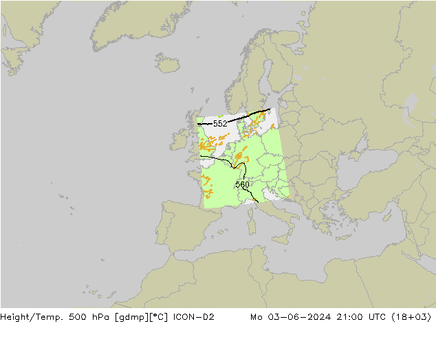 Height/Temp. 500 hPa ICON-D2 Mo 03.06.2024 21 UTC