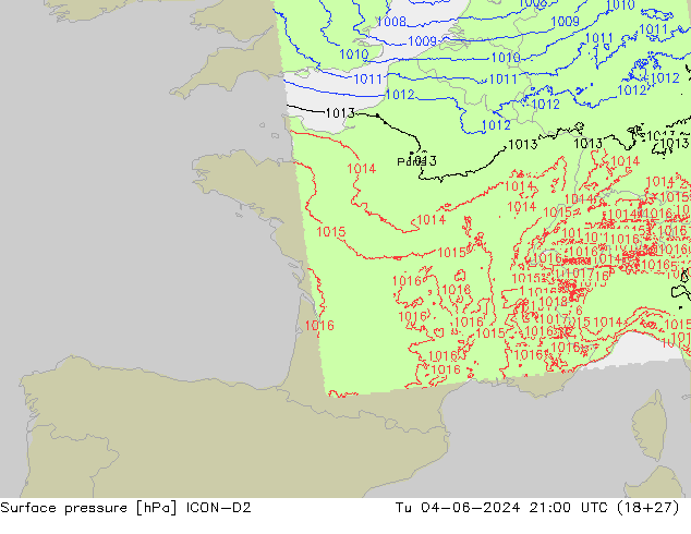 Surface pressure ICON-D2 Tu 04.06.2024 21 UTC