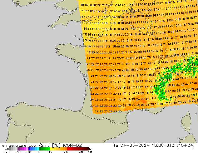 Temperature Low (2m) ICON-D2 Tu 04.06.2024 18 UTC