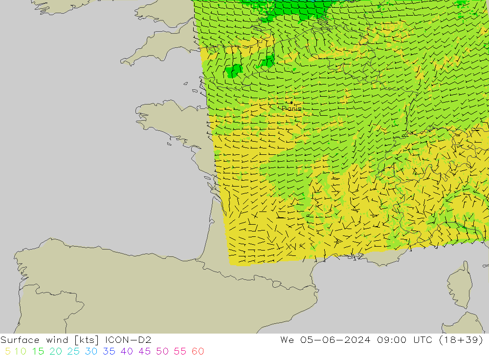 Viento 10 m ICON-D2 mié 05.06.2024 09 UTC