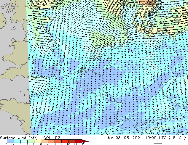 Surface wind (bft) ICON-D2 Mo 03.06.2024 19 UTC