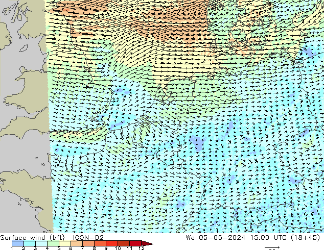 Wind 10 m (bft) ICON-D2 wo 05.06.2024 15 UTC
