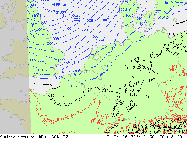 Pressione al suolo ICON-D2 mar 04.06.2024 14 UTC