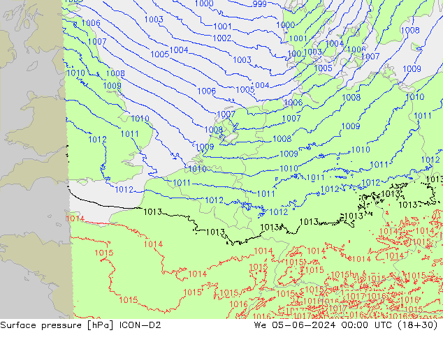 Presión superficial ICON-D2 mié 05.06.2024 00 UTC