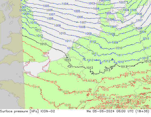 Surface pressure ICON-D2 We 05.06.2024 06 UTC