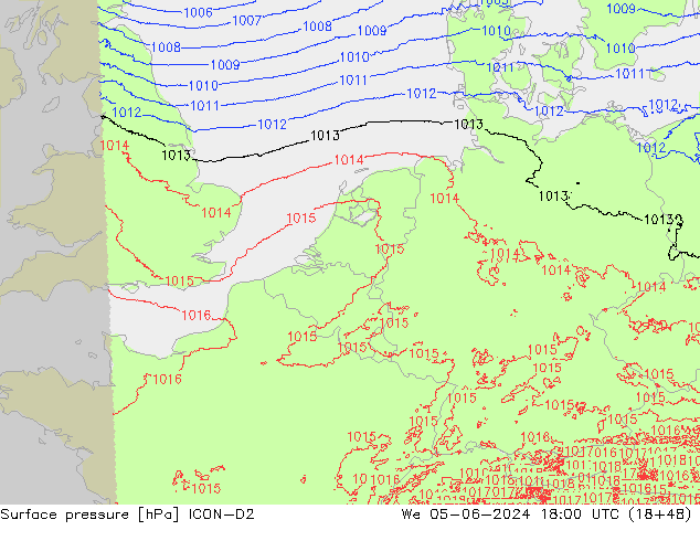 Surface pressure ICON-D2 We 05.06.2024 18 UTC