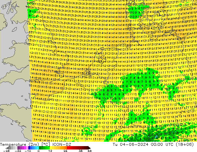 Temperaturkarte (2m) ICON-D2 Di 04.06.2024 00 UTC