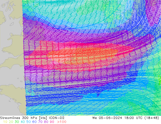 Streamlines 300 hPa ICON-D2 We 05.06.2024 18 UTC