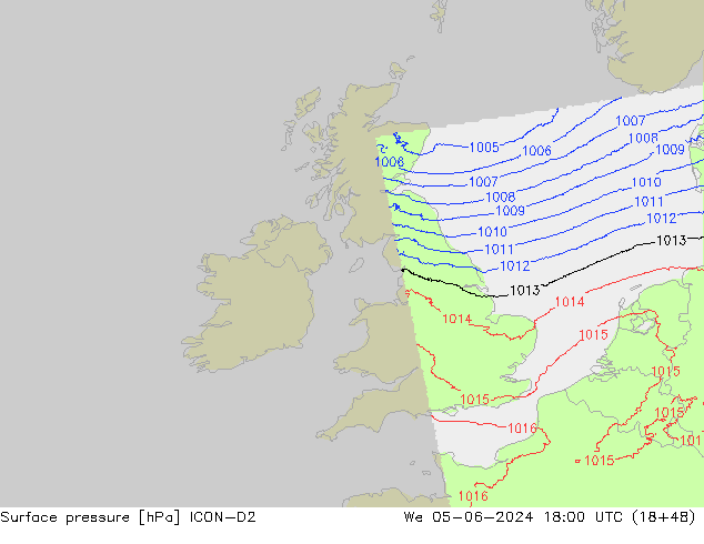 Surface pressure ICON-D2 We 05.06.2024 18 UTC