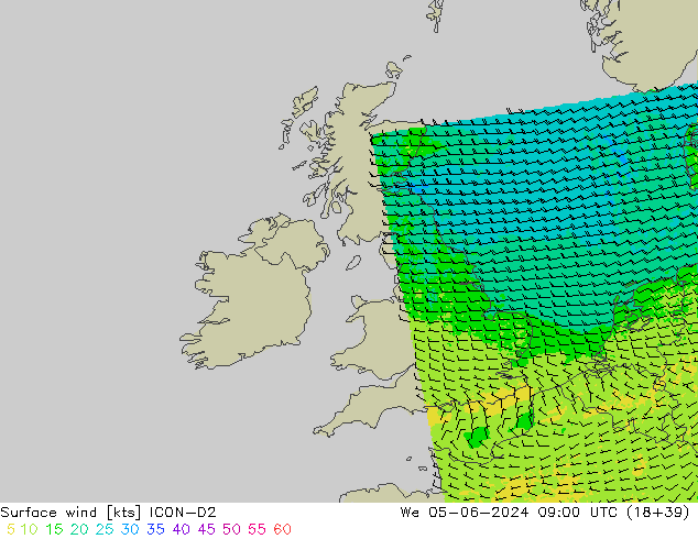 Vent 10 m ICON-D2 mer 05.06.2024 09 UTC