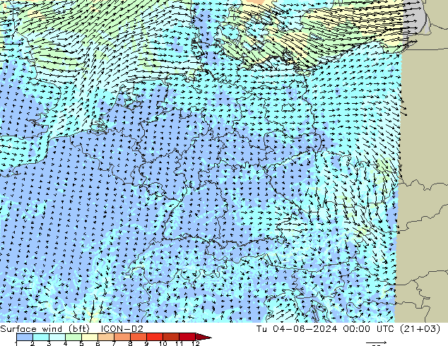 Surface wind (bft) ICON-D2 Út 04.06.2024 00 UTC