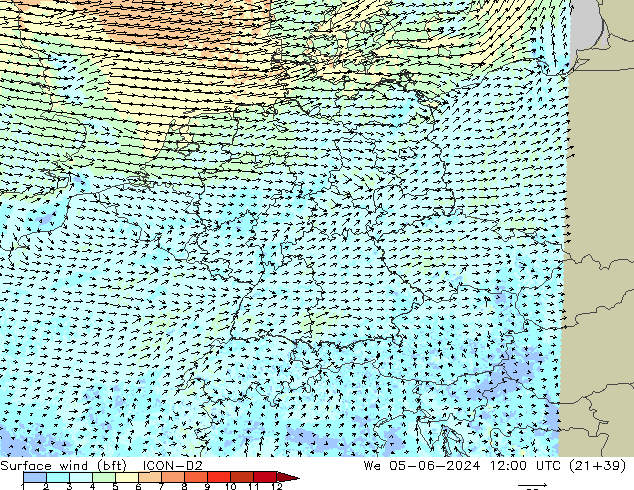 Wind 10 m (bft) ICON-D2 wo 05.06.2024 12 UTC