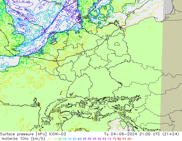 Isotachs (kph) ICON-D2 mar 04.06.2024 21 UTC