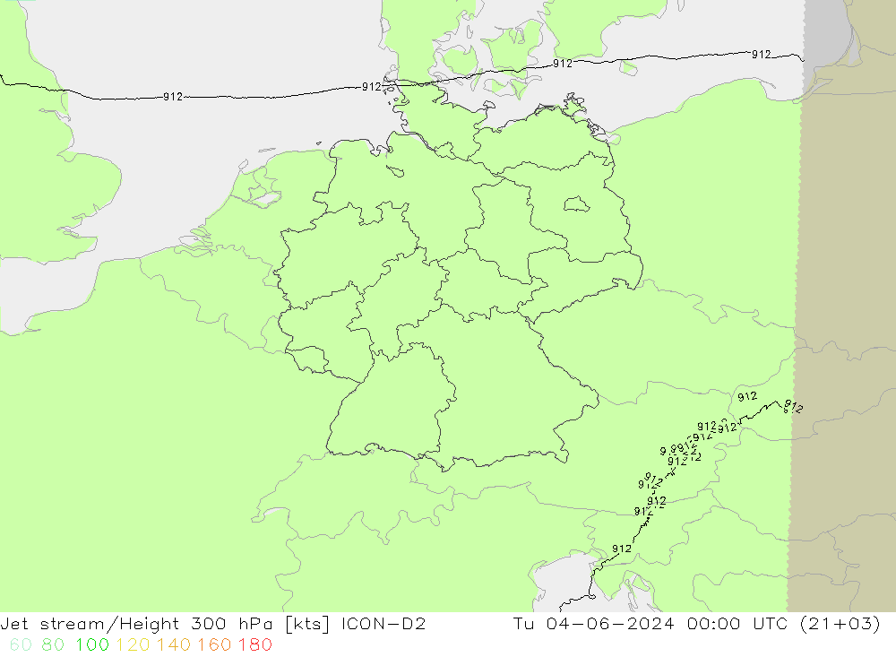 Jet stream/Height 300 hPa ICON-D2 Út 04.06.2024 00 UTC