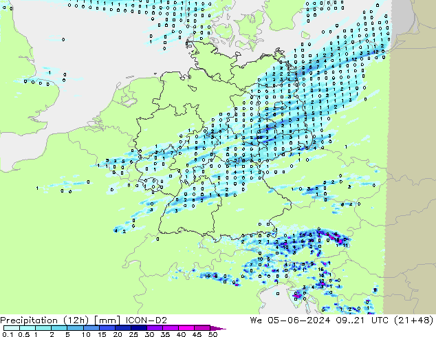 Precipitación (12h) ICON-D2 mié 05.06.2024 21 UTC