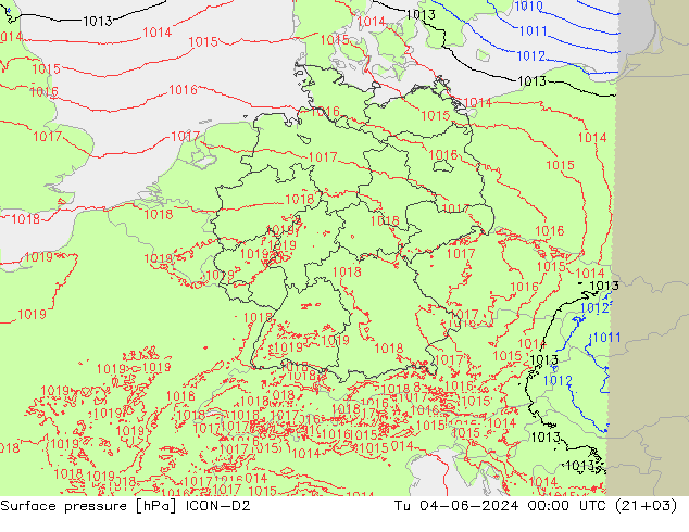 Pressione al suolo ICON-D2 mar 04.06.2024 00 UTC