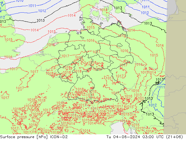 Surface pressure ICON-D2 Tu 04.06.2024 03 UTC