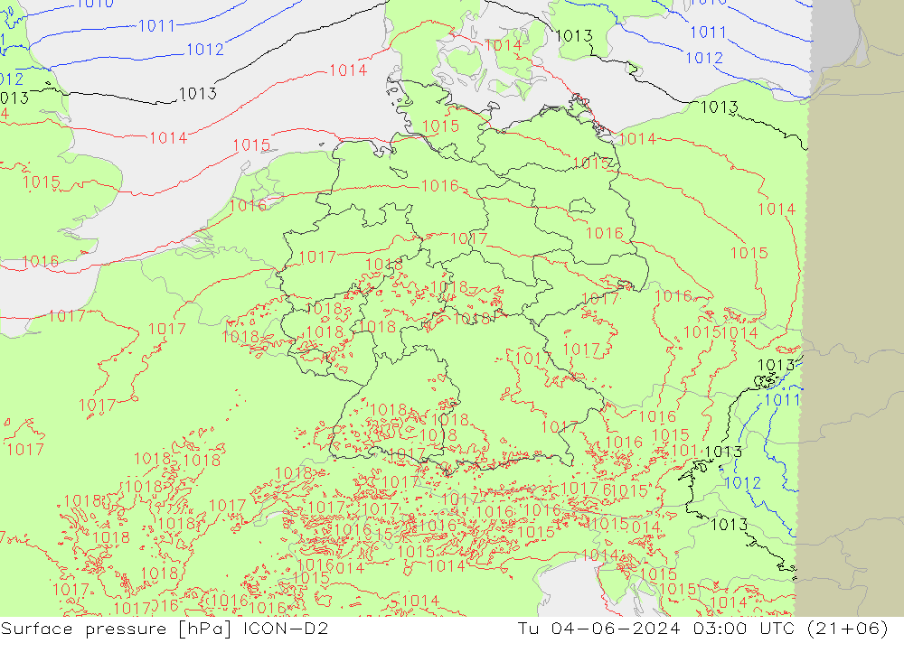 Pressione al suolo ICON-D2 mar 04.06.2024 03 UTC