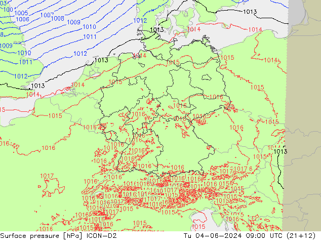 地面气压 ICON-D2 星期二 04.06.2024 09 UTC