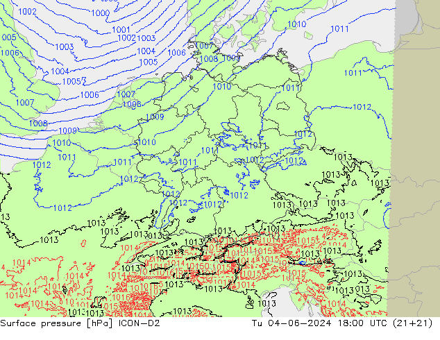 Atmosférický tlak ICON-D2 Út 04.06.2024 18 UTC