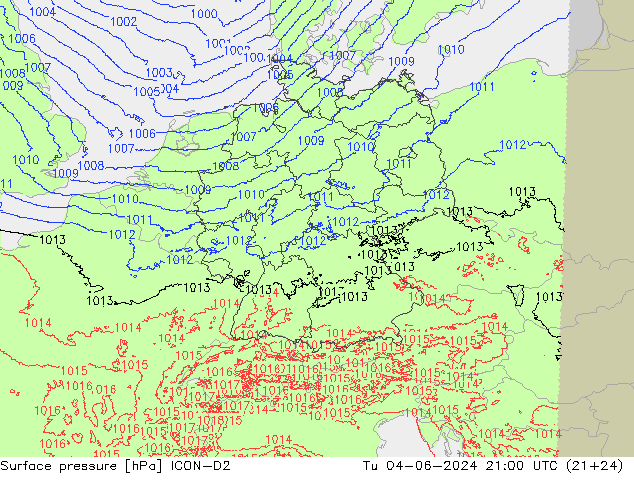 Pressione al suolo ICON-D2 mar 04.06.2024 21 UTC