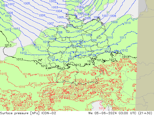 Surface pressure ICON-D2 We 05.06.2024 03 UTC