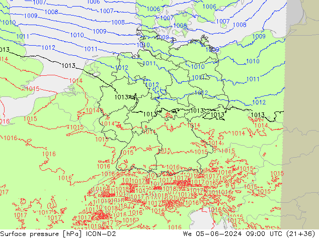 Surface pressure ICON-D2 We 05.06.2024 09 UTC