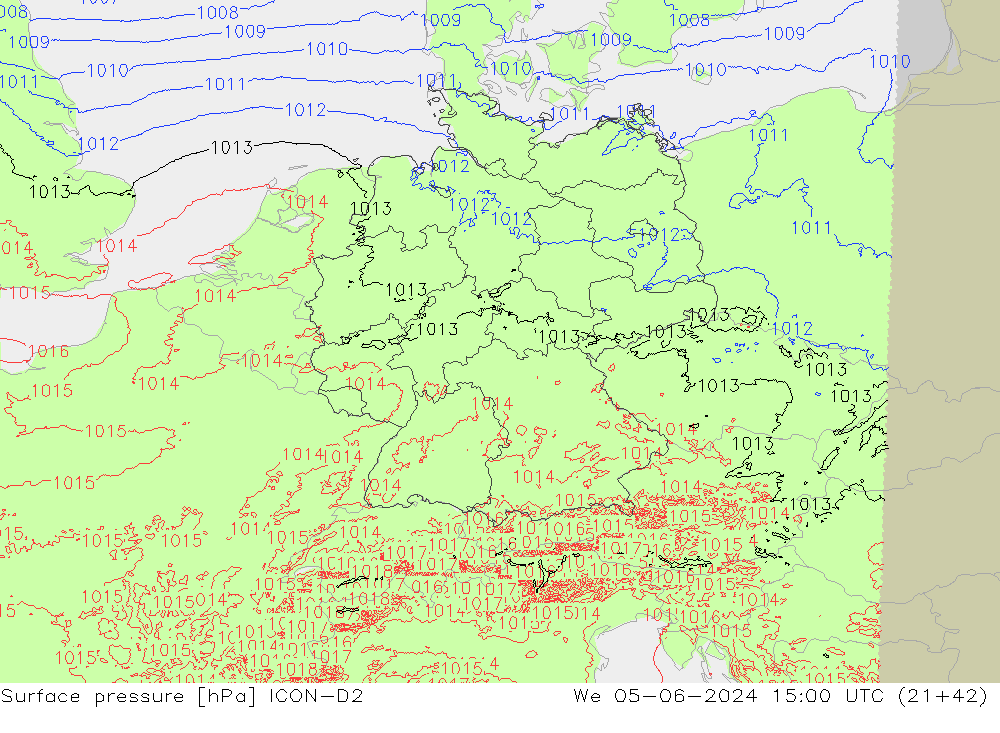 Surface pressure ICON-D2 We 05.06.2024 15 UTC