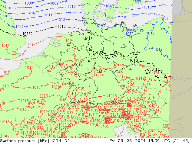 Pressione al suolo ICON-D2 mer 05.06.2024 18 UTC