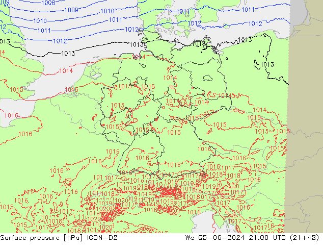 Surface pressure ICON-D2 We 05.06.2024 21 UTC