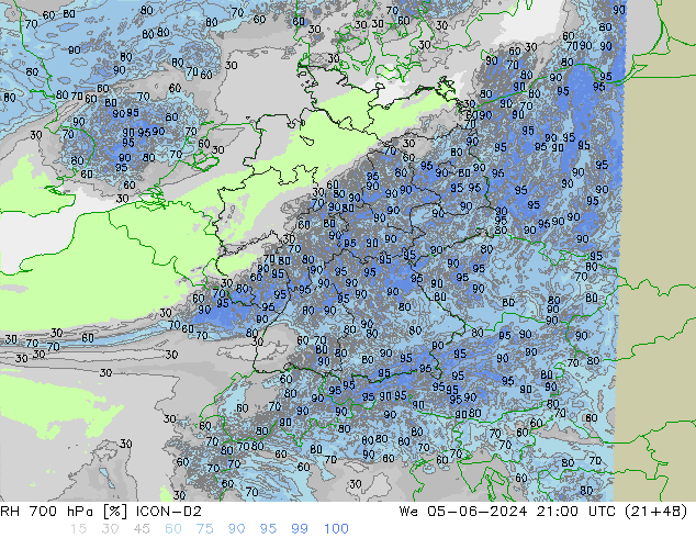 RH 700 hPa ICON-D2 śro. 05.06.2024 21 UTC