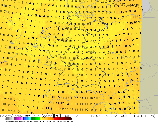 Height/Temp. 850 hPa ICON-D2 Út 04.06.2024 00 UTC