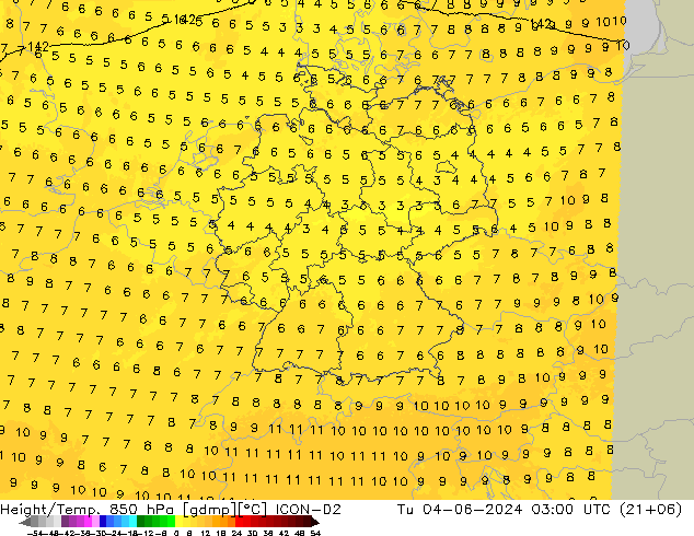 Height/Temp. 850 гПа ICON-D2 вт 04.06.2024 03 UTC