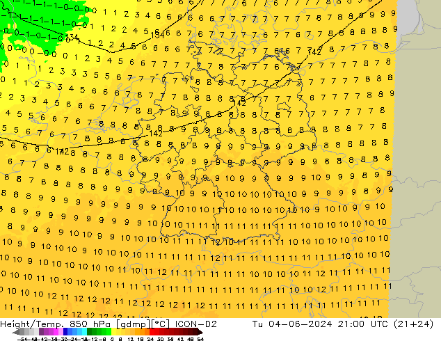 Height/Temp. 850 hPa ICON-D2 Ter 04.06.2024 21 UTC