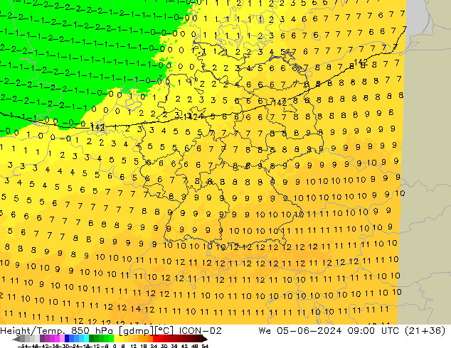 Yükseklik/Sıc. 850 hPa ICON-D2 Çar 05.06.2024 09 UTC