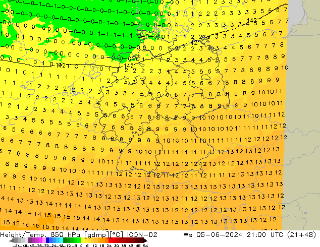 Height/Temp. 850 hPa ICON-D2 Qua 05.06.2024 21 UTC