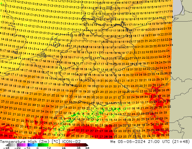 Temperature High (2m) ICON-D2 We 05.06.2024 21 UTC