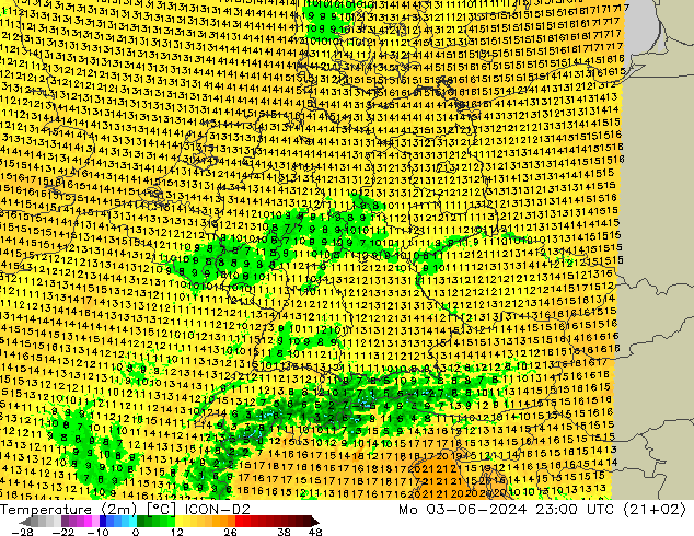 Temperaturkarte (2m) ICON-D2 Mo 03.06.2024 23 UTC