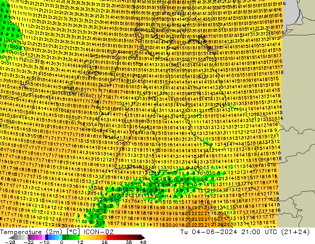 Temperature (2m) ICON-D2 Tu 04.06.2024 21 UTC