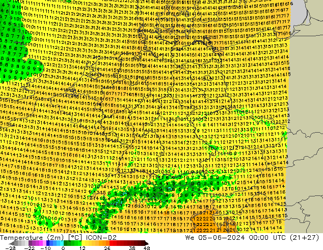 Temperature (2m) ICON-D2 We 05.06.2024 00 UTC