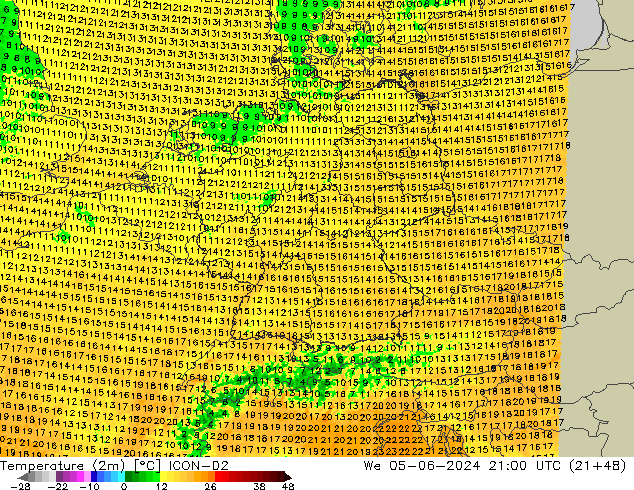 température (2m) ICON-D2 mer 05.06.2024 21 UTC