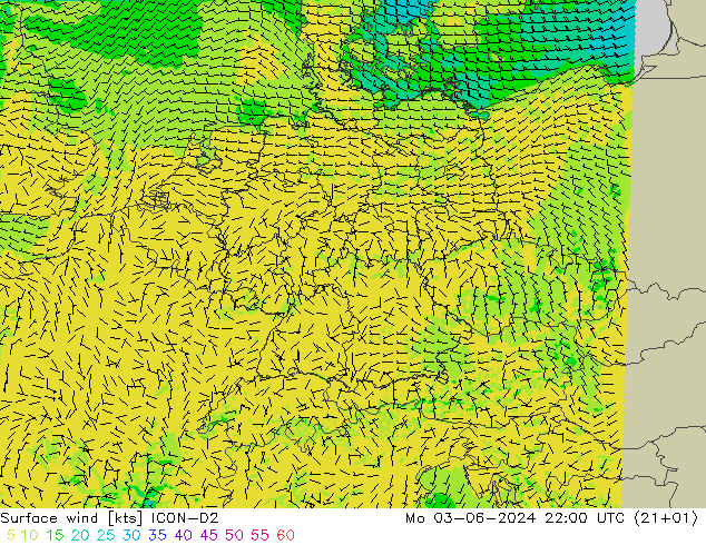 Viento 10 m ICON-D2 lun 03.06.2024 22 UTC