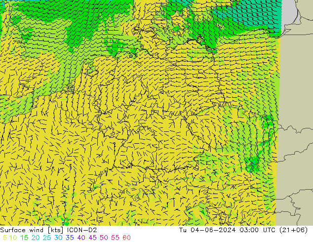 Surface wind ICON-D2 Tu 04.06.2024 03 UTC