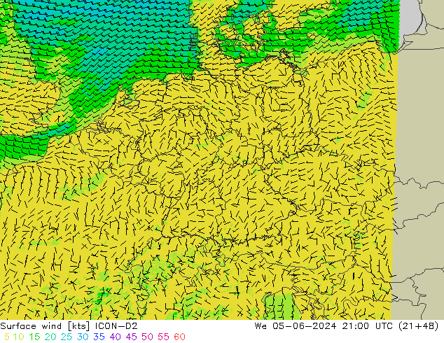 Wind 10 m ICON-D2 wo 05.06.2024 21 UTC