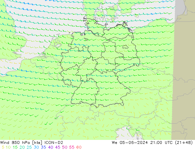 Rüzgar 850 hPa ICON-D2 Çar 05.06.2024 21 UTC