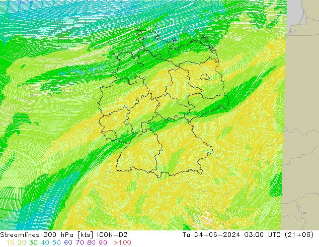 Streamlines 300 hPa ICON-D2 Tu 04.06.2024 03 UTC