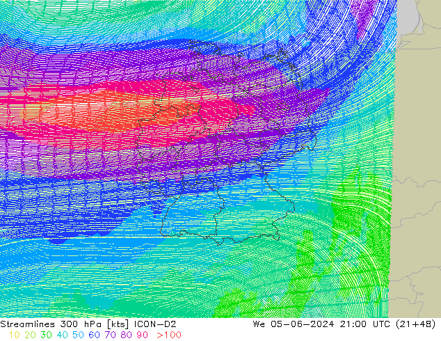 Linea di flusso 300 hPa ICON-D2 mer 05.06.2024 21 UTC