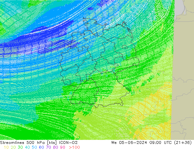 ветер 500 гПа ICON-D2 ср 05.06.2024 09 UTC